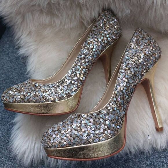 Joan & David Gold Sequin Platform Heels Pumps Size 6 Metallic Glam Party - Picture 11 of 11